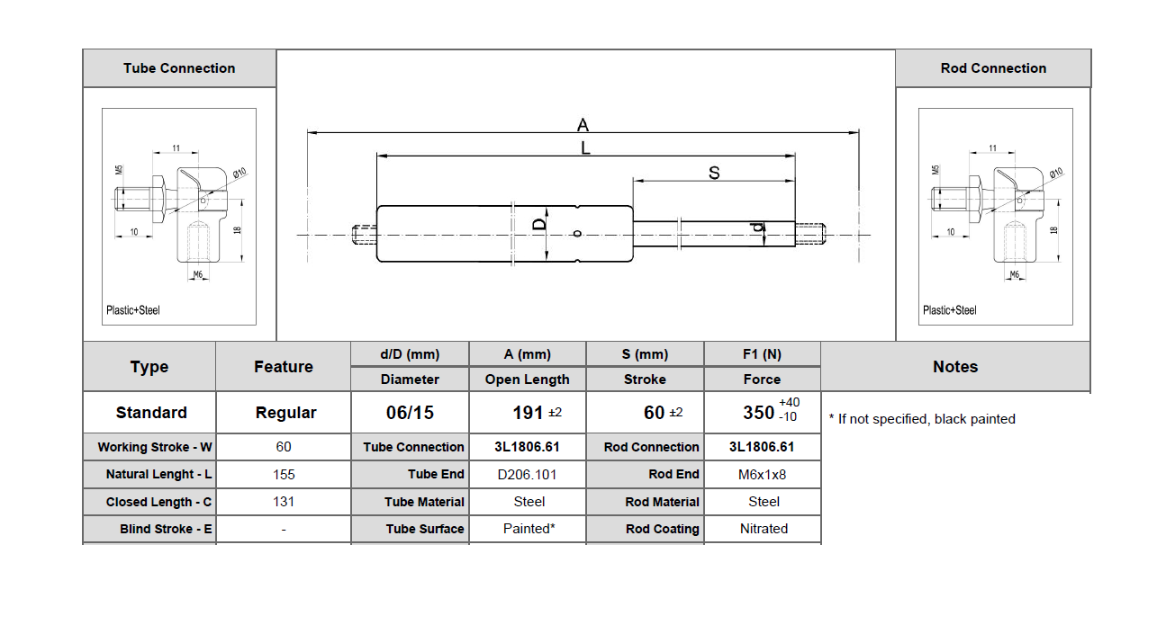 Gas spring, steel, M6 thread, stroke length = 60 mm, force = 350 N