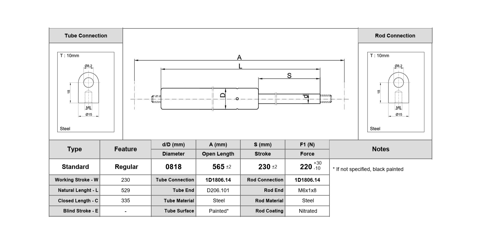 Gas spring, steel, M6 thread, stroke length = 230 mm, force = 220 N