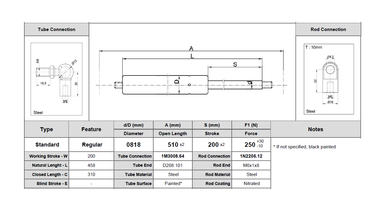 Gas spring, steel, M6 and M8 thread, stroke length = 200 mm, force = 250 N