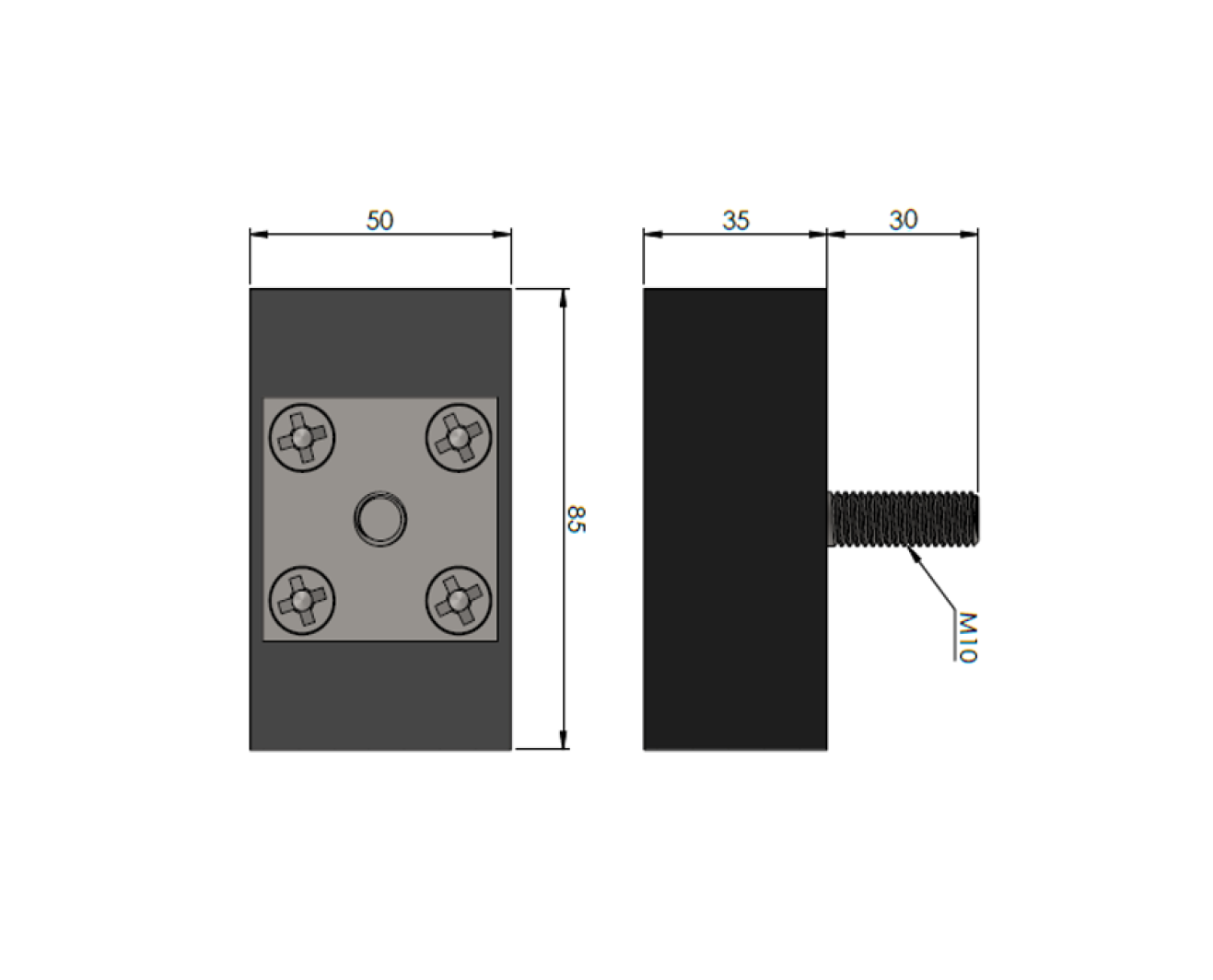 Rubber molded magnet, square, M10, H=35mm , F=3500N