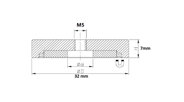 Pot magnet, circular, M5, H=7mm, F=330N