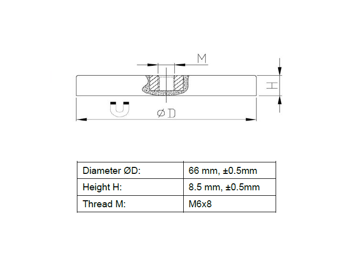 Rubber molded magnet, circular, M6, H=8,5mm , F=250N, 120°C
